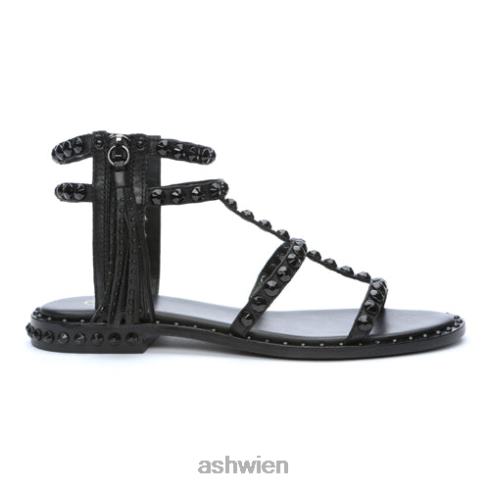 Flache Power-Bi-Sandale mit Nieten und Quasten in Ton Frauen Schwarz HH4JJ67 ASH Sandalen